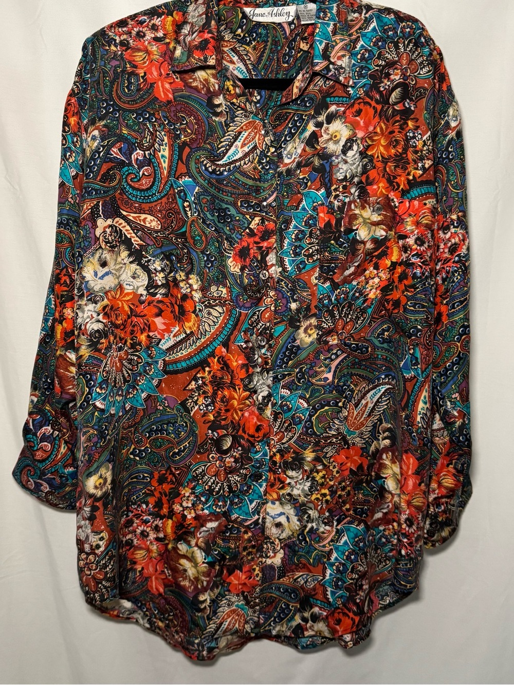 VTG Jane Ashley 100% Silk Paisley Floral Button Down Blouse Tunic M